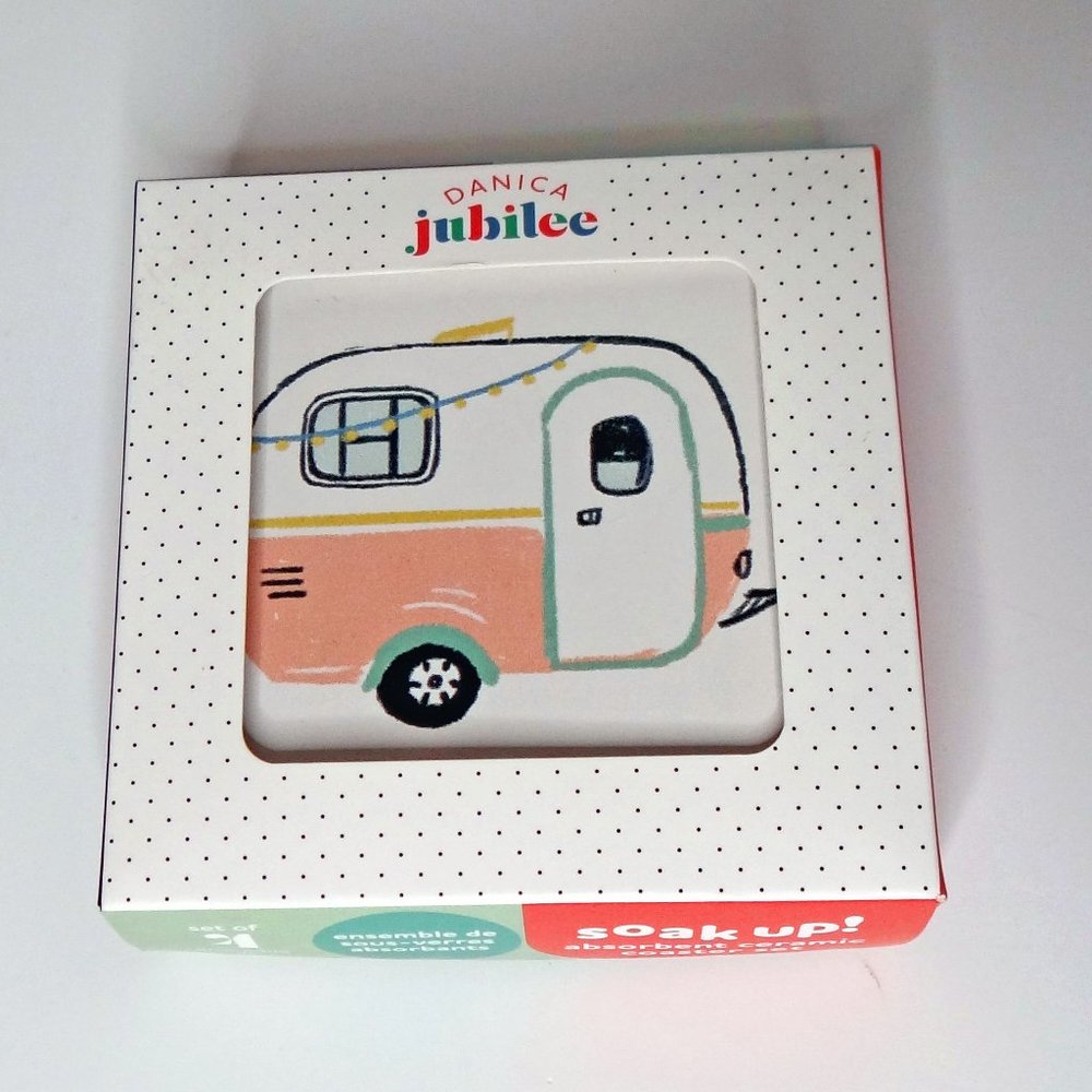 Danica Jubilee Happy Camper Soak Up Square Coasters Set of 4 Vintage Camper NEW